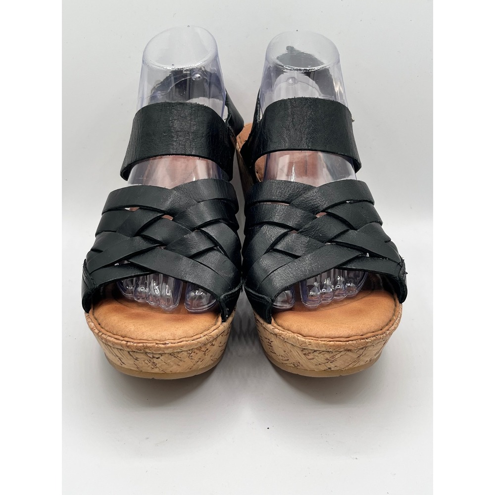 Born Womens Black Leather Woven Strap Cork Wedge Platform Sandals Size 10 M